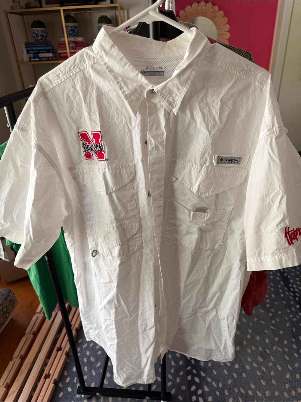 Columbia White Short-Sleeve Button Down Shirt with Red Nebraska N Patch